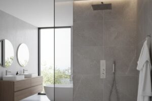 Une salle de bain avec une colonne de douche encastrable