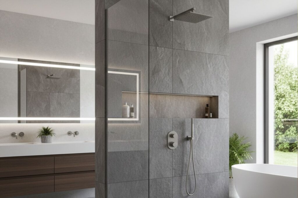 Une salle de bain avec une colonne de douche encastrable