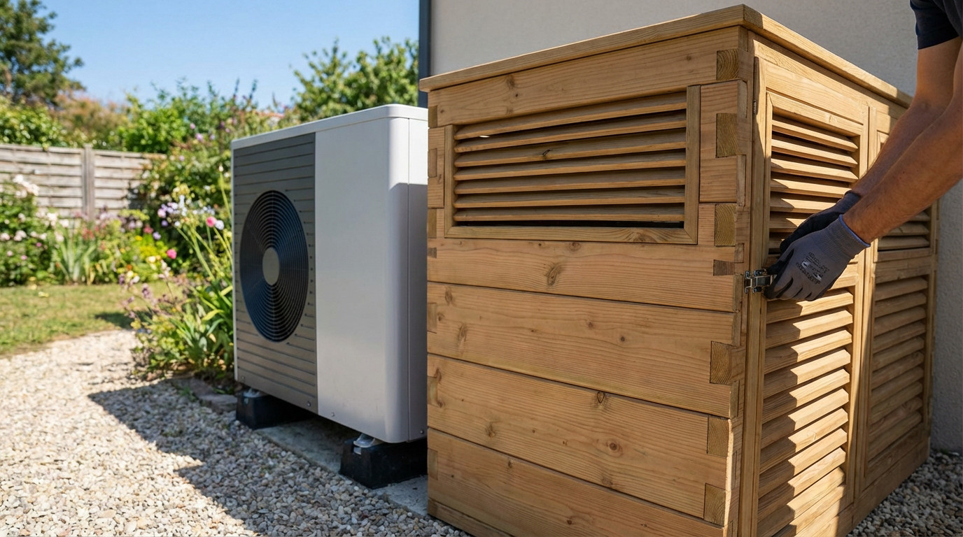 Caisson anti-bruit en bois artisanal pour pompe à chaleur moderne dans un jardin ensoleillé, mains ajustant la fermeture.