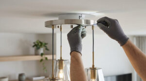 Gloved hands carefully install a modern chandelier onto a white ceiling, tightening the mounting plate with a screwdriver.