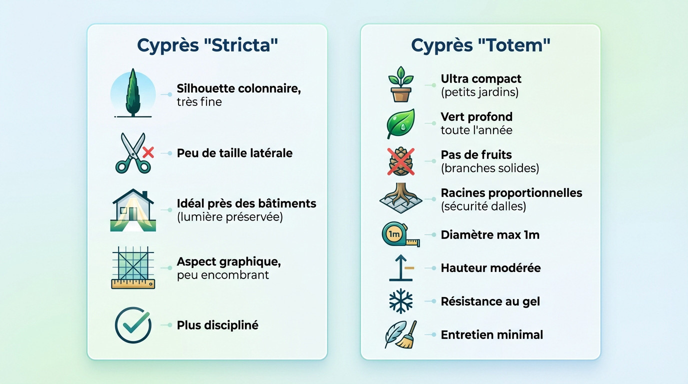 Comparaison visuelle entre la silhouette du cyprès Stricta et celle du Totem