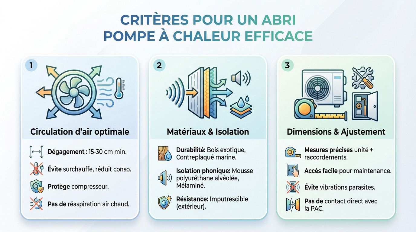 Schéma des critères techniques pour un caisson de pompe à chaleur performant et ventilé
