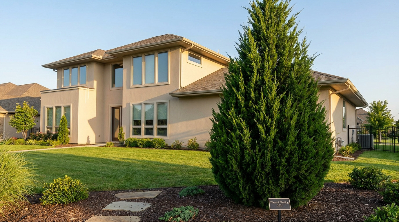 A majestic conical cypress tree in a vibrant green lawn and mulched bed, thoughtfully placed beside a modern beige stucco house under bright sunlight.