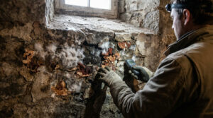 Un expert examine un mur de pierre ancien infesté de mérule. Mycélium blanc et carpophores rouges visibles. Il utilise un humidimètre.