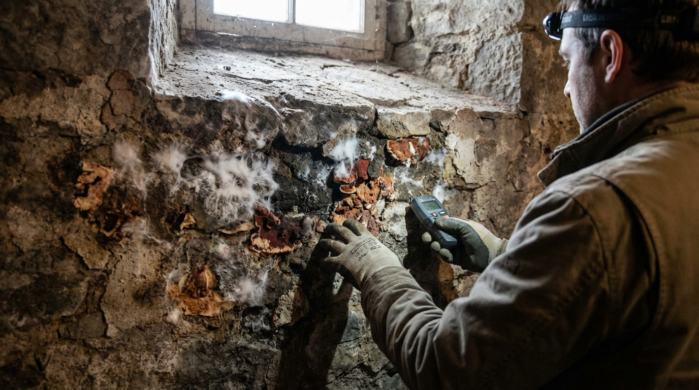Un expert examine un mur de pierre ancien infesté de mérule. Mycélium blanc et carpophores rouges visibles. Il utilise un humidimètre.