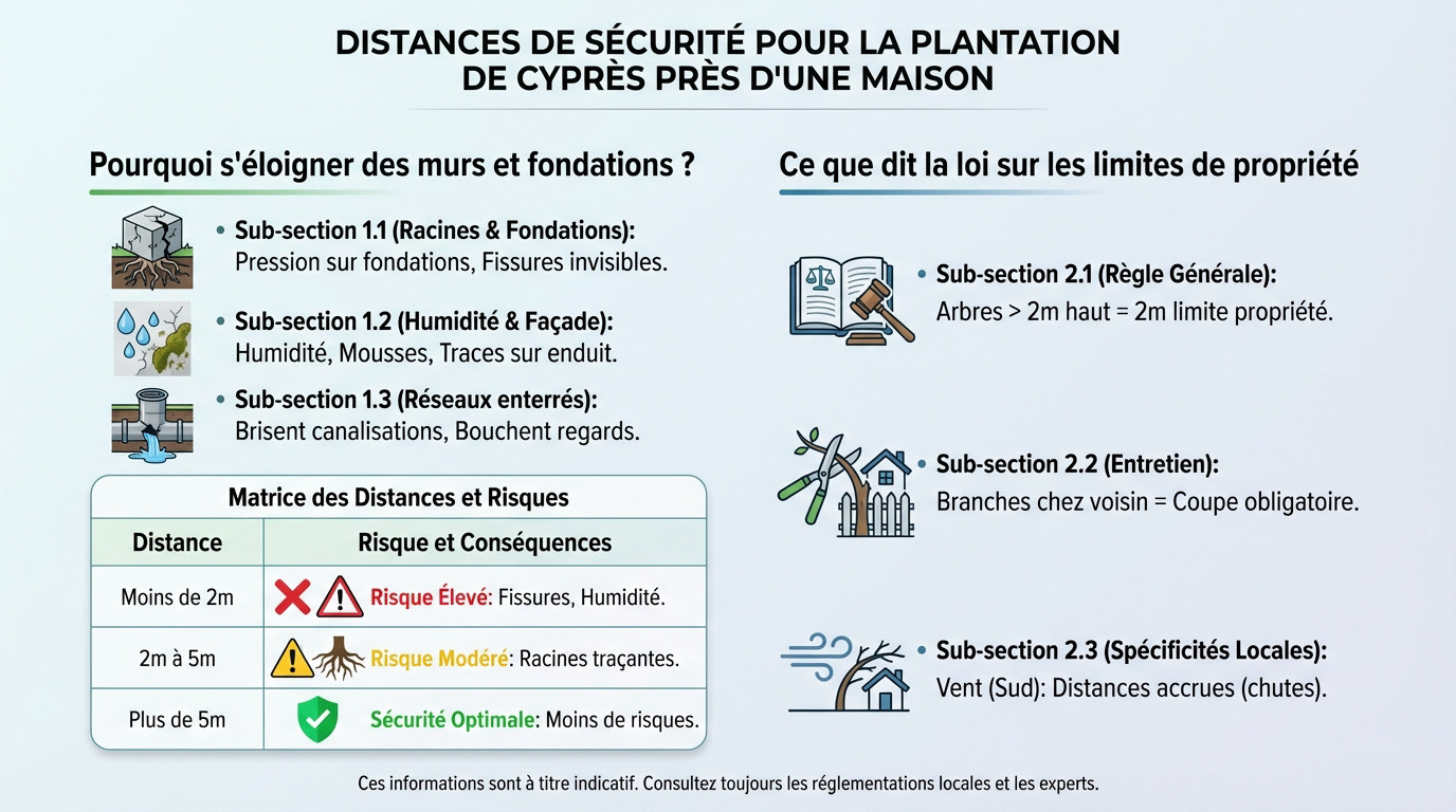 Schéma des distances de plantation d'un cyprès par rapport à une maison
