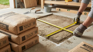 Hands in work gloves measure a marked square area on the ground with a yellow tape, beside stacked ready-mix concrete bags and tools.