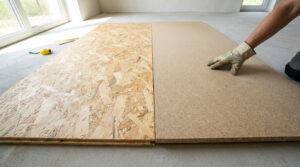 A gloved hand rests on an agglomerated wood panel, placed beside an OSB panel on a concrete floor, bathed in natural light.