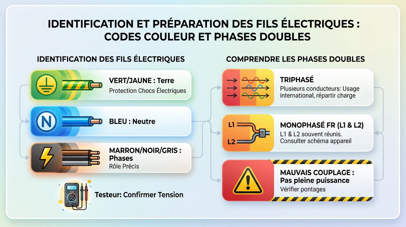 Identification des 5 fils électriques pour plaque à induction : terre, neutre et phases