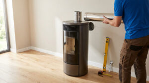 Installation d'un poêle à granulés moderne. Un installateur aligne le conduit métallique, des outils sont au sol dans un intérieur lumineux.