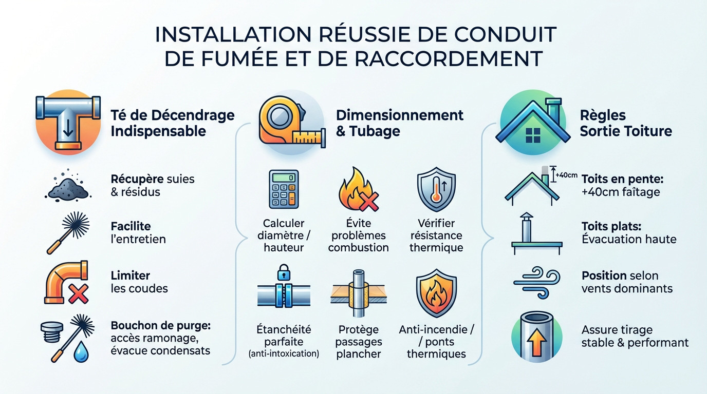 Schéma technique montrant le raccordement et le conduit de fumée d'un poêle à granulés