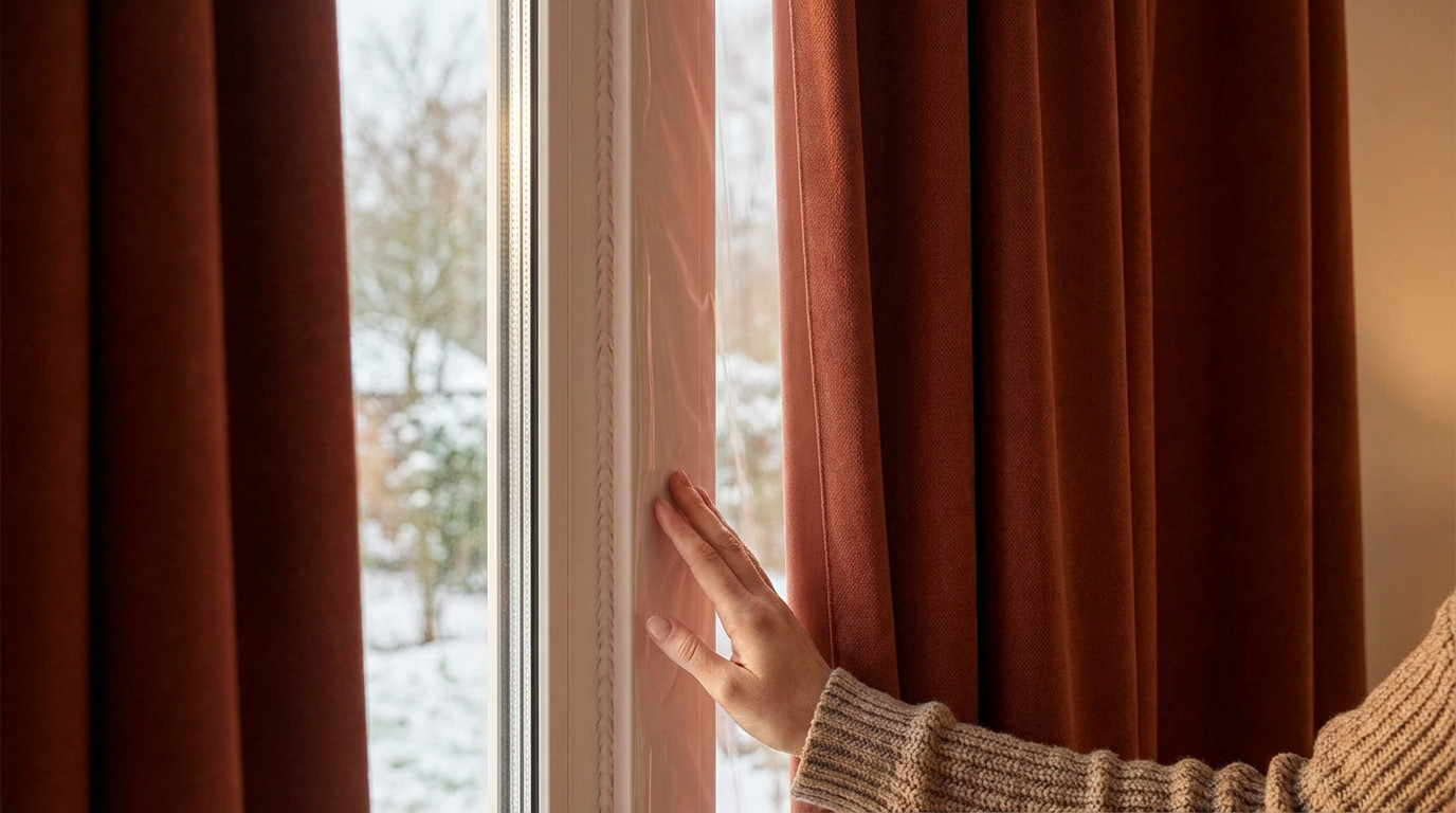 Hand touches modern, insulated window with thermal curtains. Transparent film and sealed frame protect against snowy winter view.