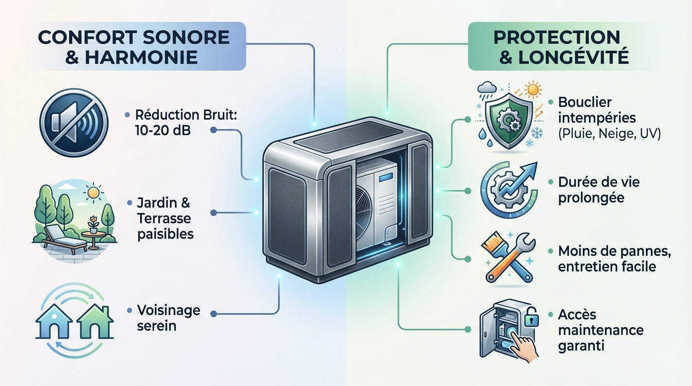 Schéma illustrant les bénéfices d'un caisson anti-bruit pour pompe à chaleur : réduction sonore et protection contre les intempéries