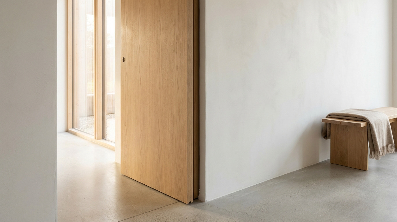 A modern light wood sliding door with a vertical gap next to a smooth white wall, bathed in natural light. A wooden bench with a blanket sits nearby.