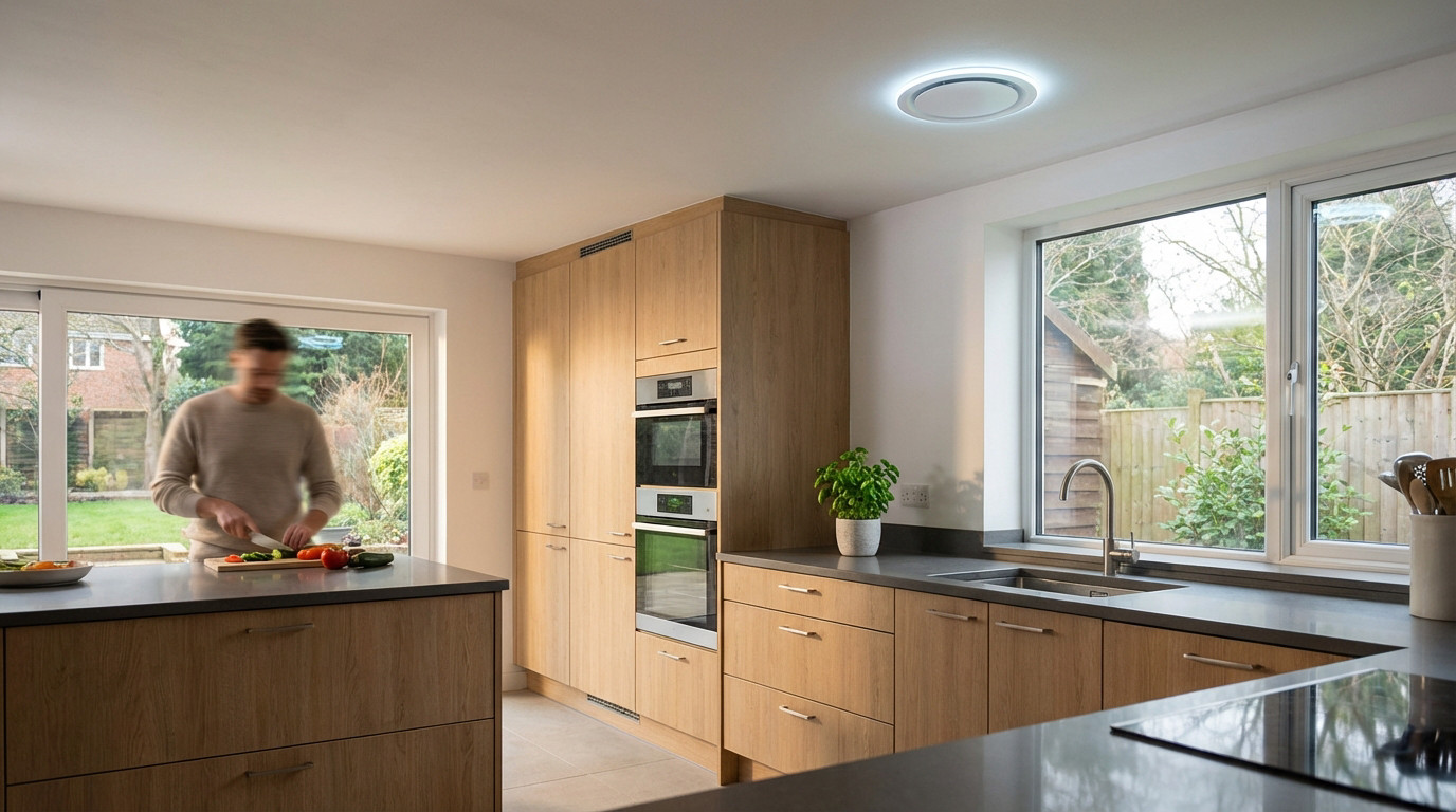 A modern, well-lit kitchen with warm wood cabinets, grey counters, and a glowing VMC ceiling vent. A blurred person prepares food, evoking a fresh, healthy environment.