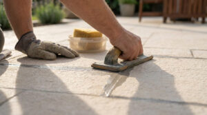 Close-up of hands applying medium-grey grout to light beige outdoor patio tiles with a float. A gloved hand and sponge are visible in bright natural light.