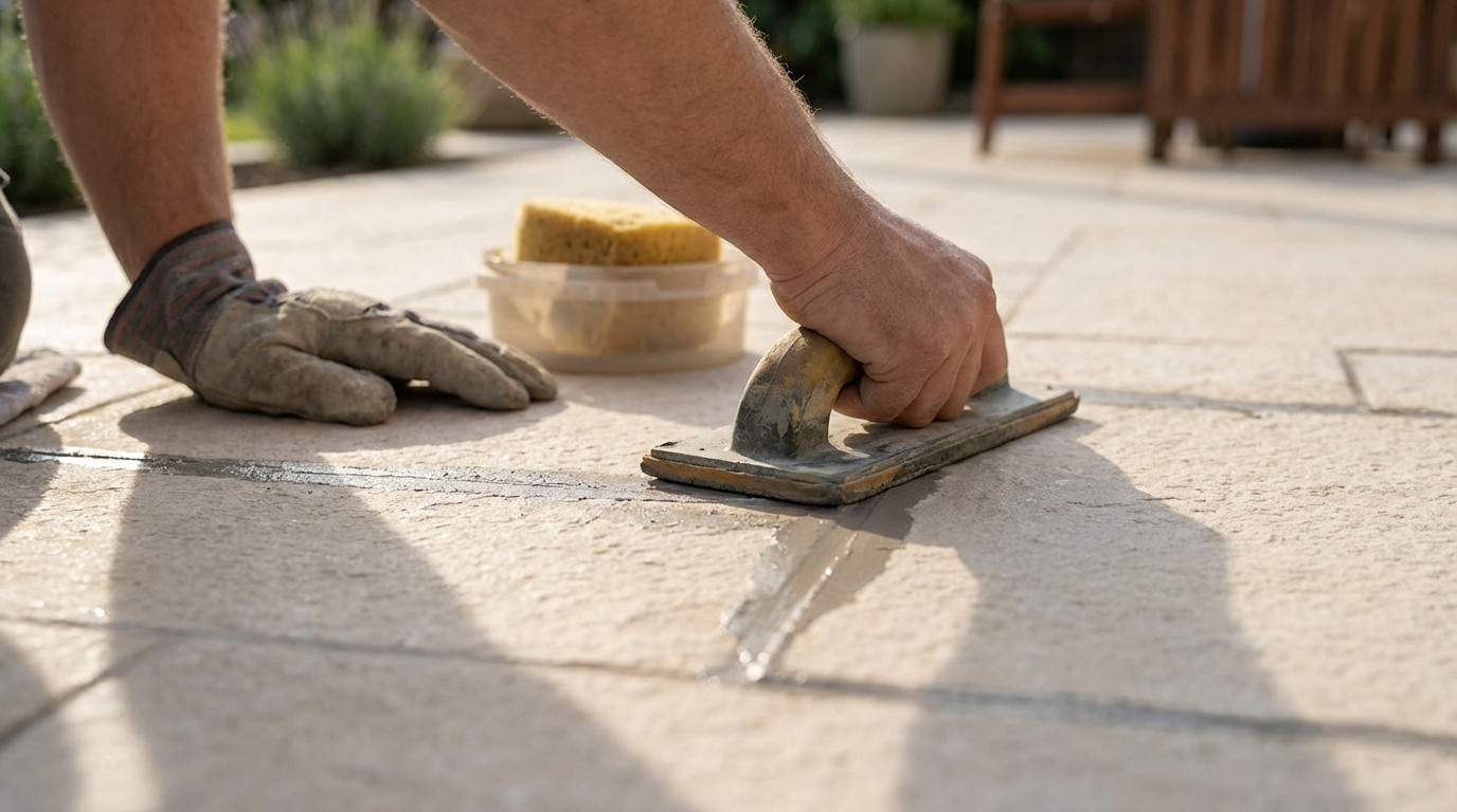Close-up of hands applying medium-grey grout to light beige outdoor patio tiles with a float. A gloved hand and sponge are visible in bright natural light.