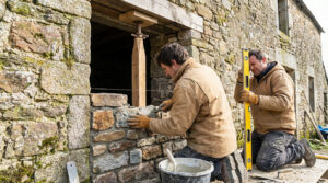 Two masons carefully construct a stone wall opening. One applies mortar to stones, while the other uses a spirit level for alignment. Features tools and an old stone wall.