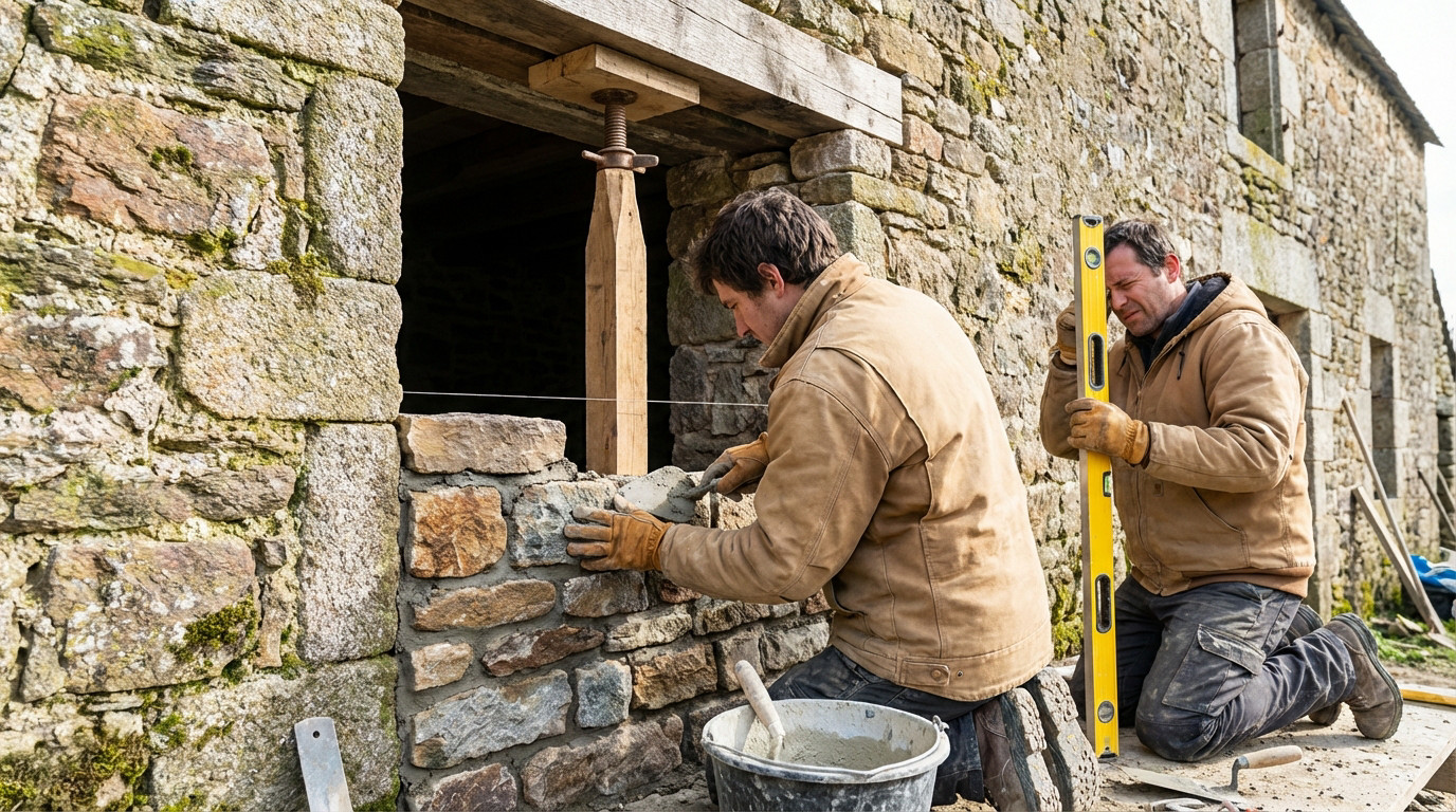 Two masons carefully construct a stone wall opening. One applies mortar to stones, while the other uses a spirit level for alignment. Features tools and an old stone wall.