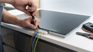 Hands precisely connecting brown, blue, black, grey, green/yellow wires to an induction hob terminal block with a screwdriver.