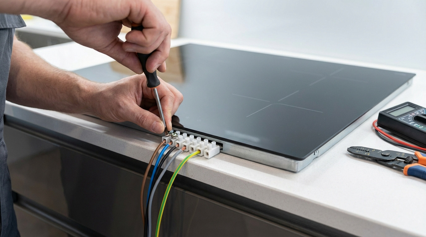 Hands precisely connecting brown, blue, black, grey, green/yellow wires to an induction hob terminal block with a screwdriver.