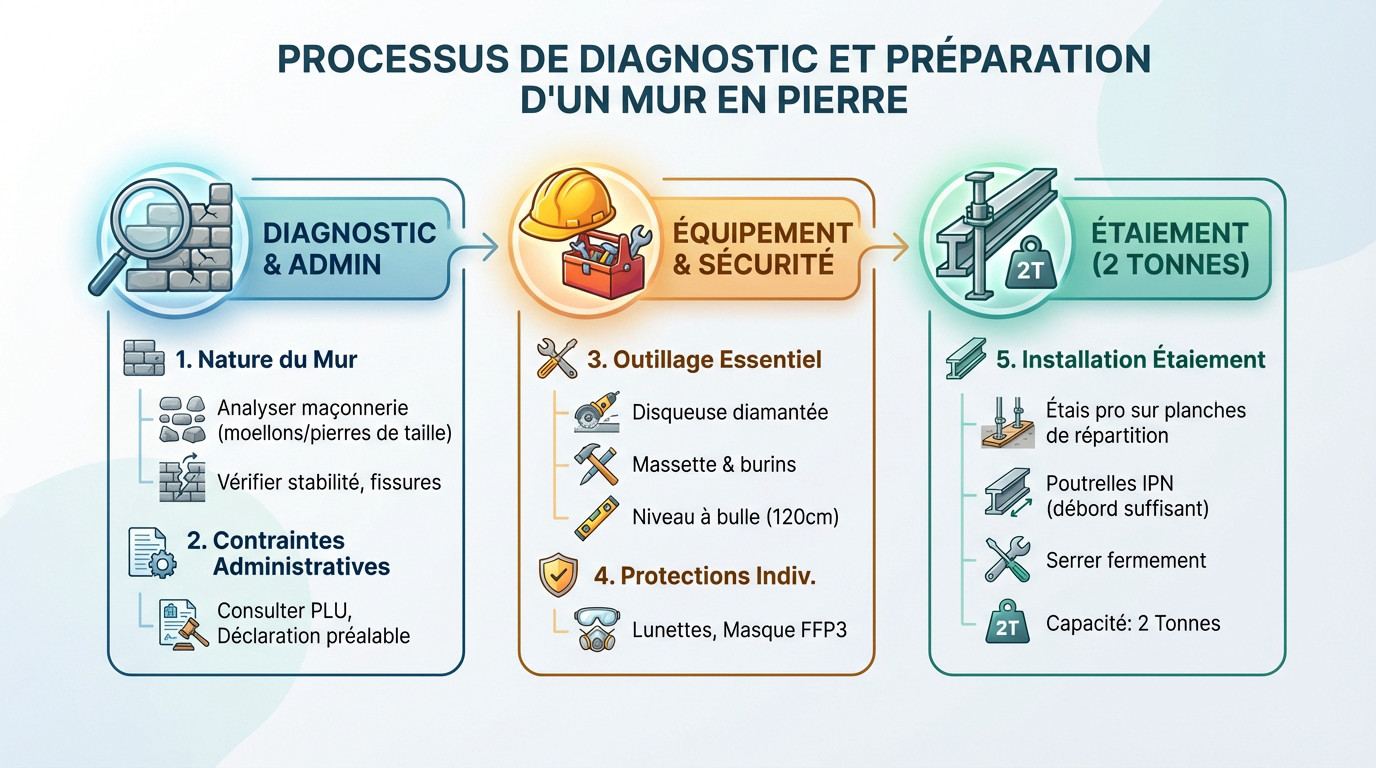 Diagnostic structurel et préparation d'un mur en pierre avant ouverture
