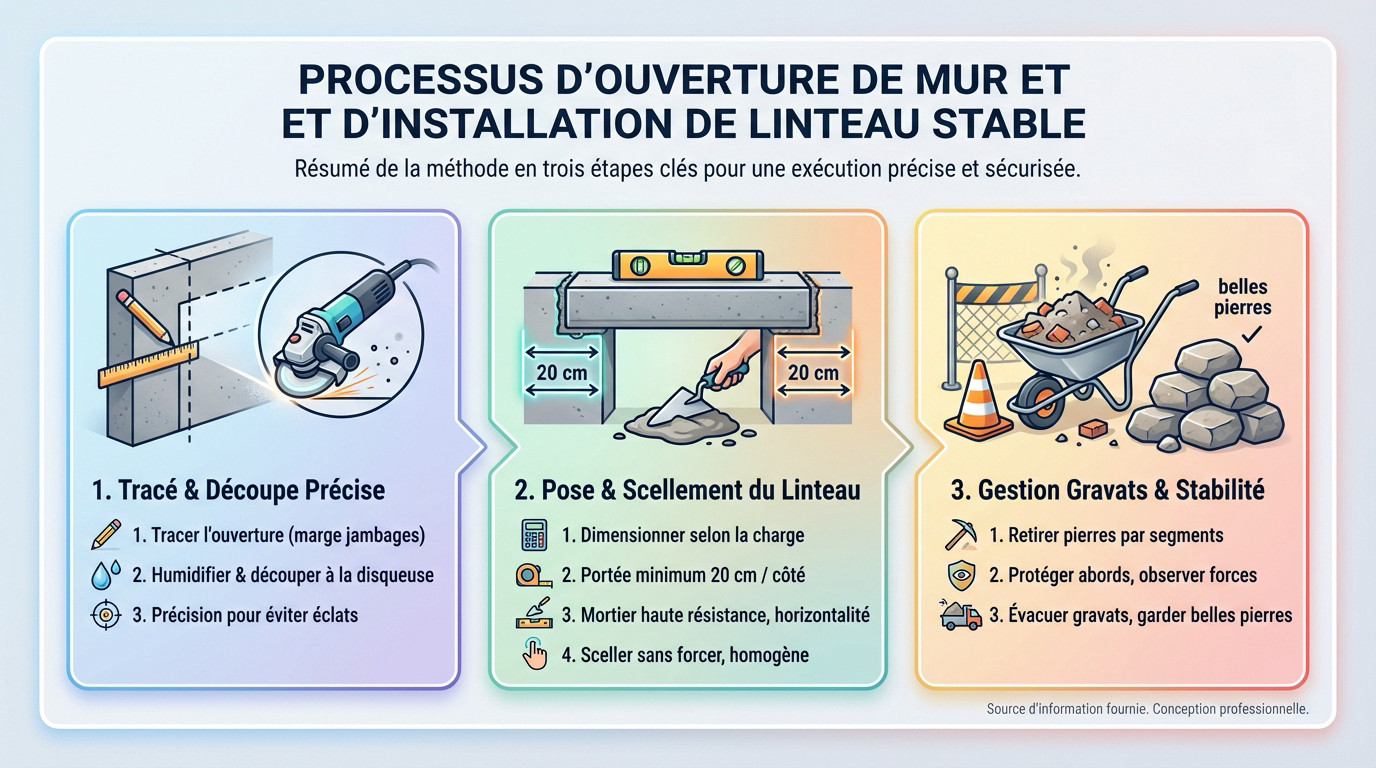 Schéma technique montrant la découpe d'un mur en pierre et la pose d'un linteau sur étais