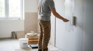 A renovator primes a light grey wall with a roller. Primer bucket, ceramic tiles, and a notched trowel are visible in the well-lit room.