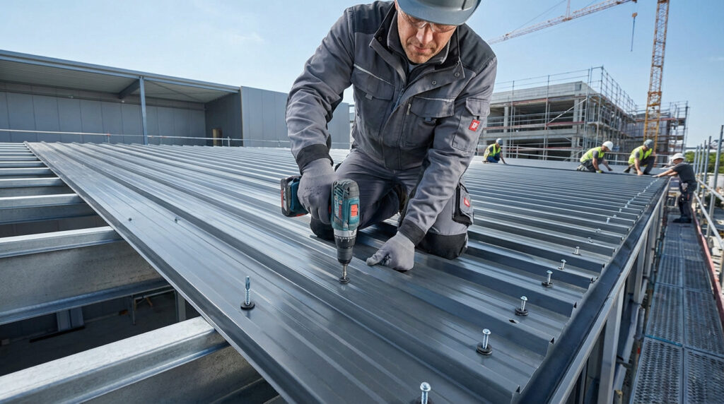 A construction worker in safety gear uses a power drill to fasten anthracite corrugated steel roof sheets on a sunny construction site.