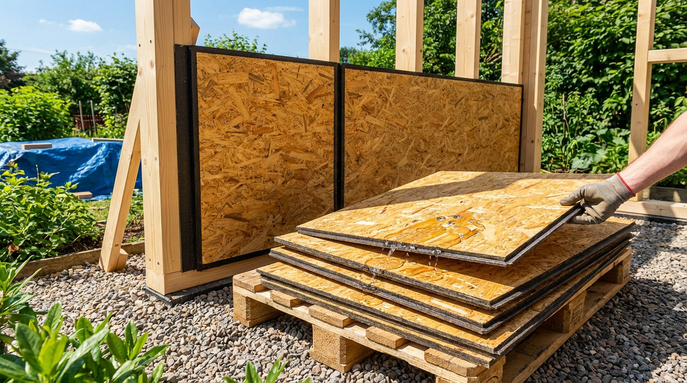 A gloved hand lifts a water-beaded OSB panel from a stack on a pallet, with more panels installed on a wooden outdoor frame.