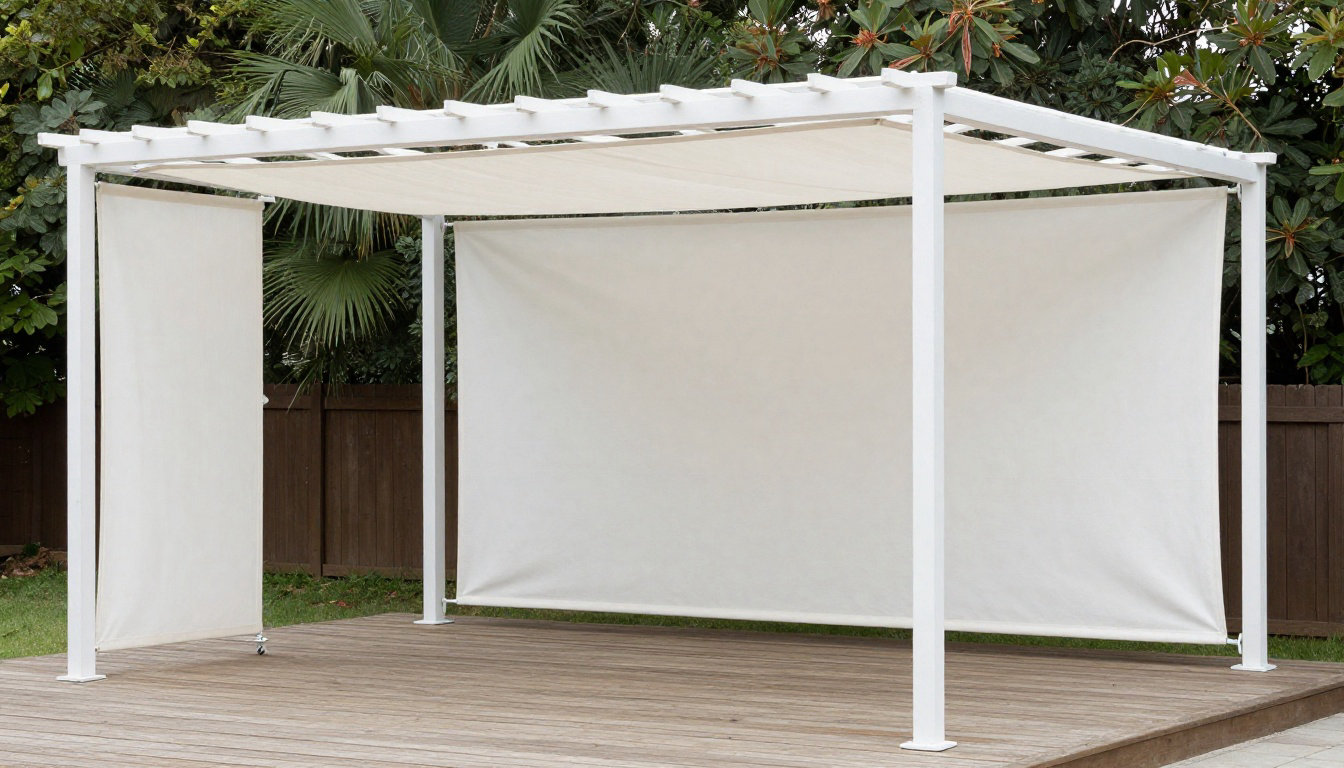 Pergola blanche moderne sur terrasse en bois, avec toit en toile rétractable et trois stores latéraux clairs abaissés.