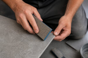 Un artisan ponce le bord d'un carreau de céramique gris avec une cale abrasive manuelle pour une finition nette.