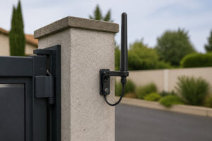 Antenne noire fixée sur un pilier en béton gris à côté d'un portail motorisé.