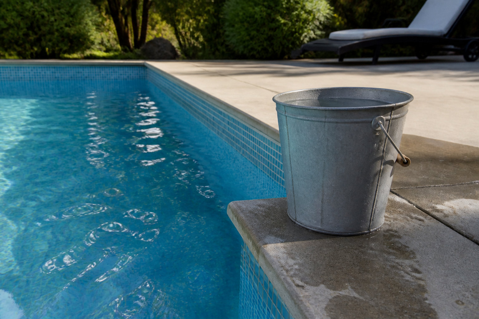 Un seau en métal posé sur la margelle d'une piscine ensoleillée pour effectuer un test de fuite d'eau.