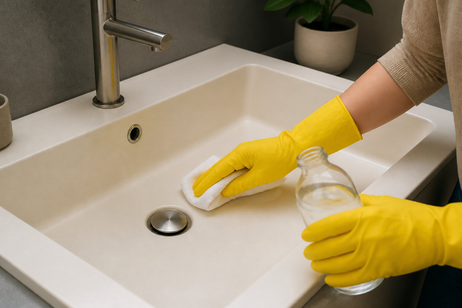 Personne portant des gants jaunes nettoyant un évier en résine blanc avec un chiffon blanc et une bouteille d'eau.