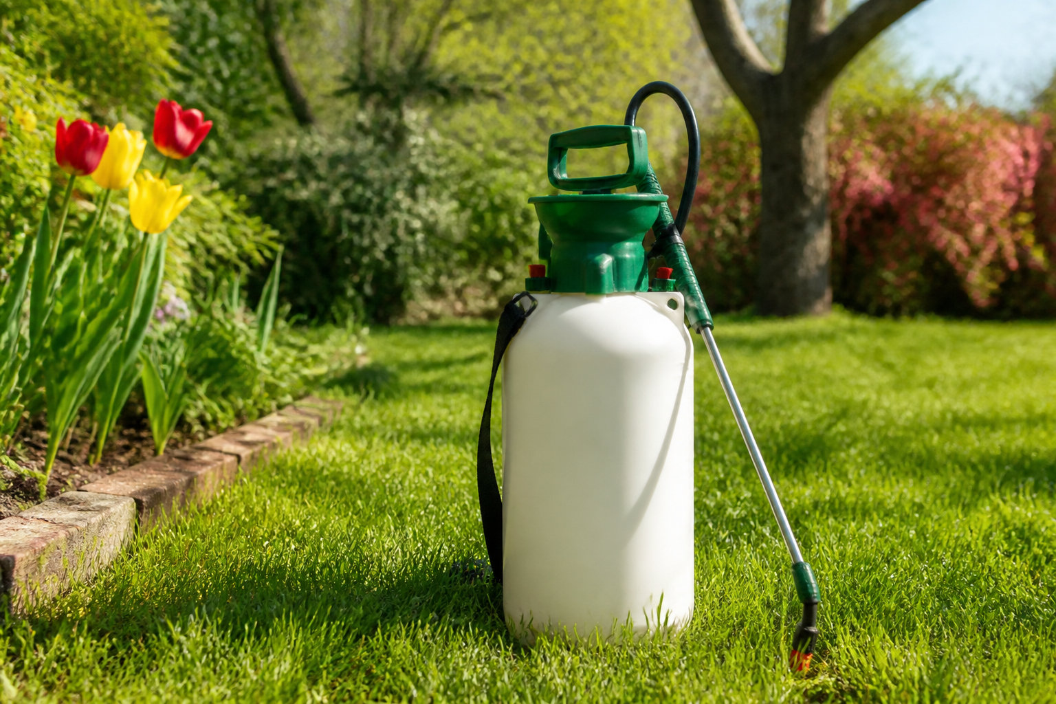 Pulvérisateur à pression blanc et vert posé sur une pelouse près de tulipes colorées au printemps.