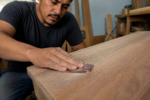 Un artisan ponce minutieusement une surface en bois avec une feuille de papier abrasif dans son atelier.