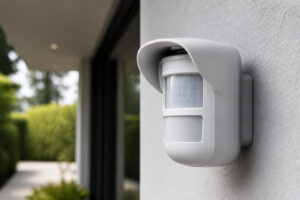 Détecteur de mouvement extérieur blanc fixé sur un mur en crépi près d'une entrée de maison.