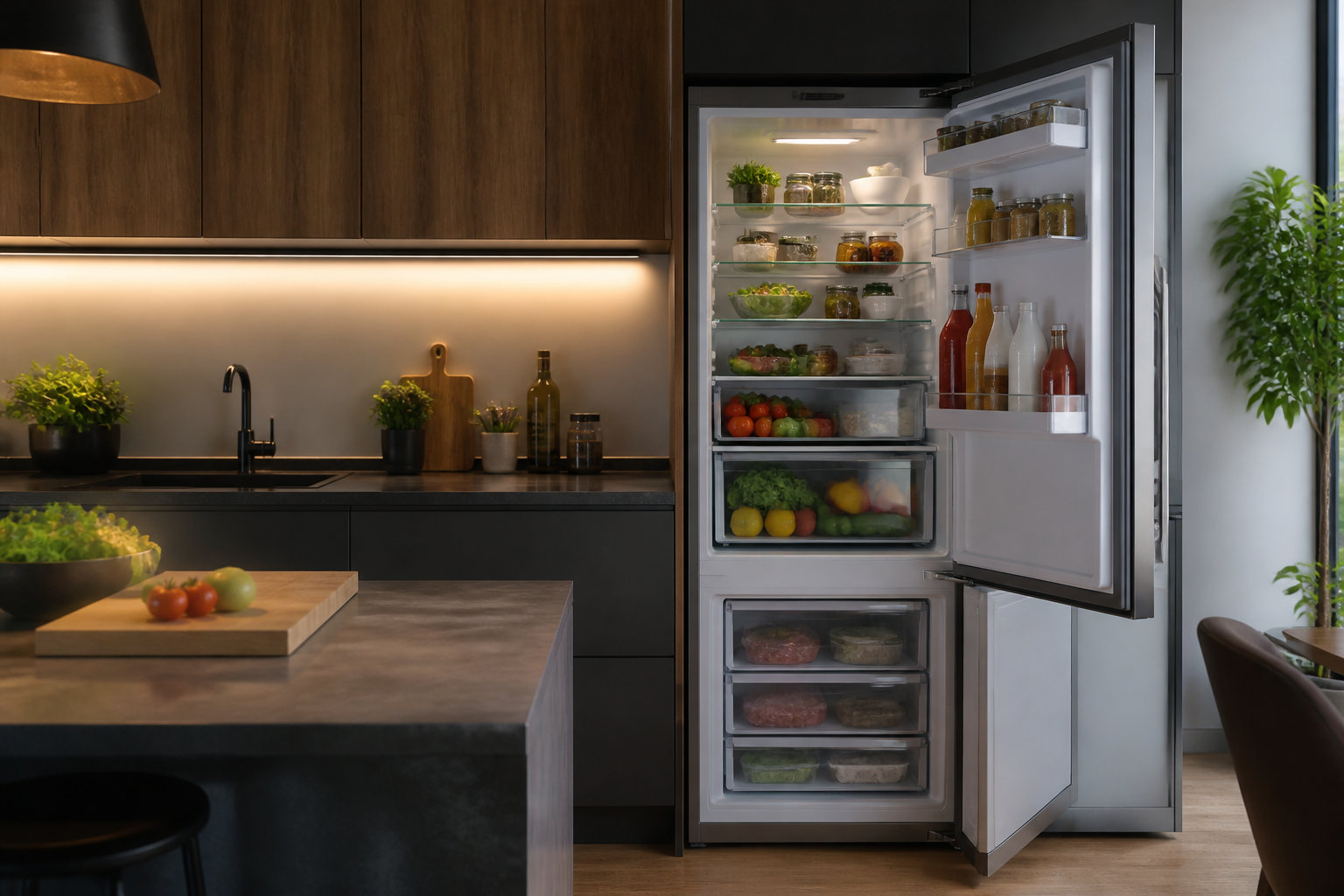 Réfrigérateur moderne ouvert et bien rangé dans une cuisine élégante et sombre.