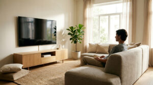 Un homme assis sur un canapé face à un meuble TV bas en bois clair dans un salon lumineux et minimaliste.