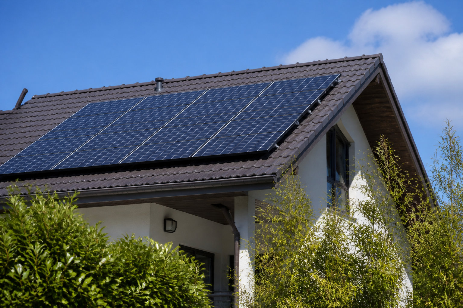 Panneaux solaires photovoltaïques installés sur le toit d'une maison moderne sous un ciel bleu dégagé.