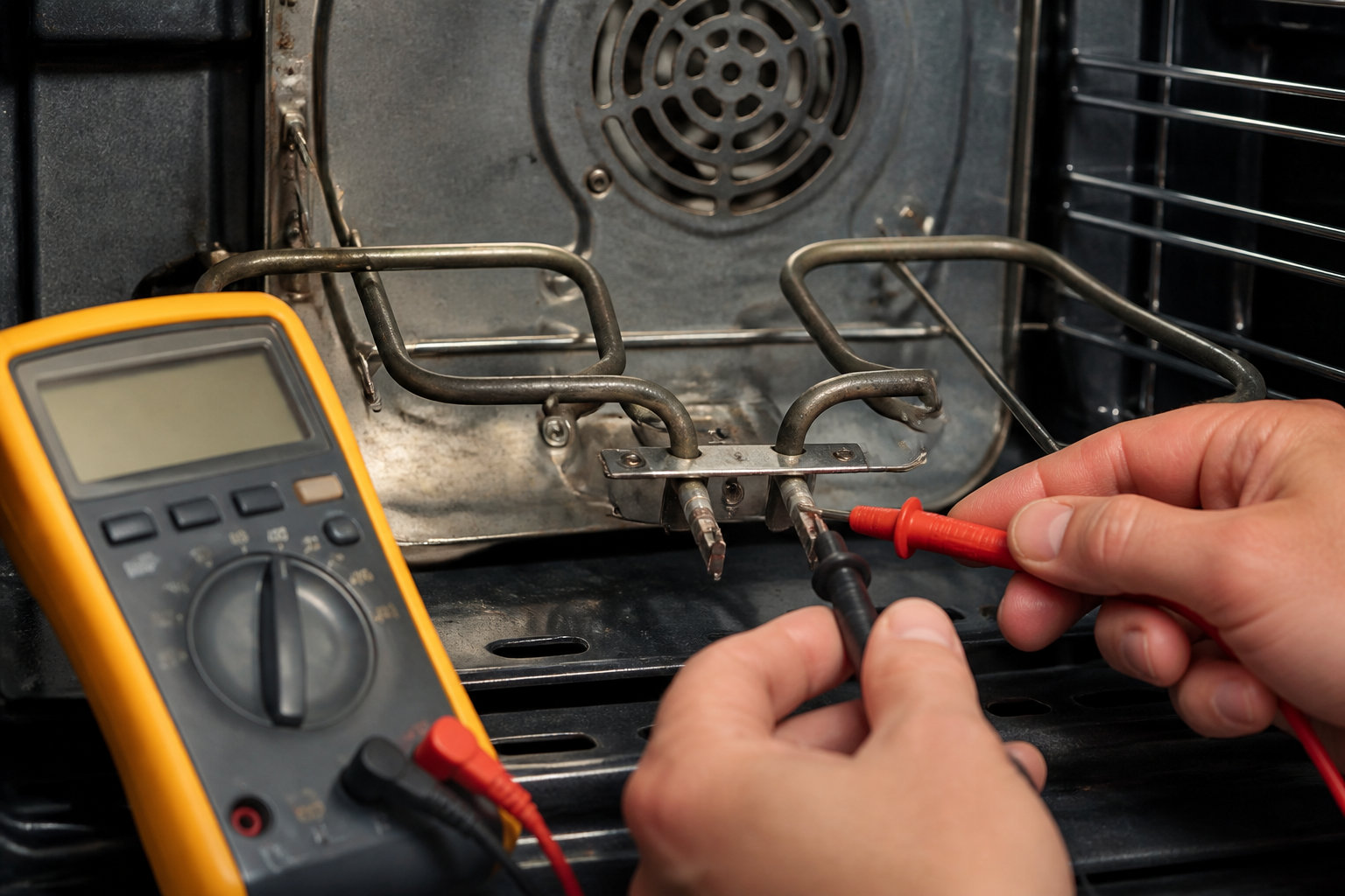 Un technicien teste la résistance d'un four avec un multimètre jaune pour diagnostiquer une panne électrique.