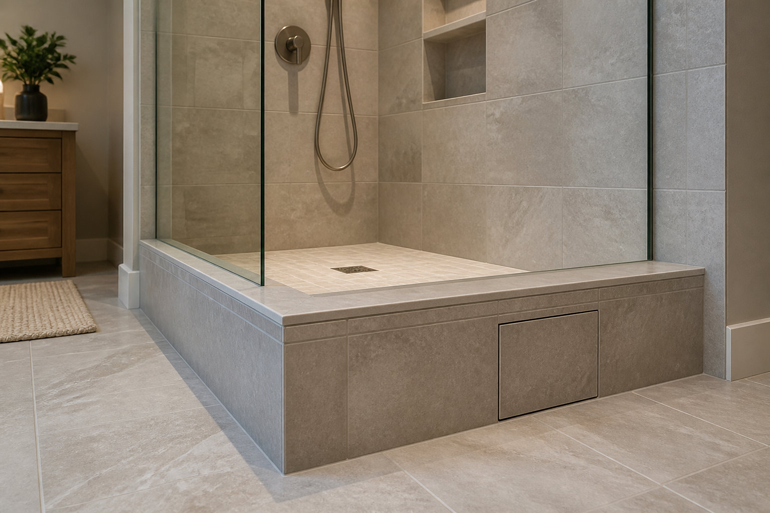 Douche moderne surélevée avec parois en verre, carrelage gris et niche intégrée dans une salle de bain élégante.