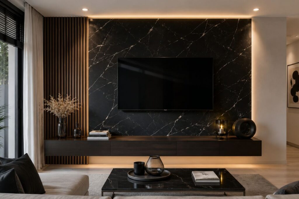 Sur le mur TV de salon, un panneau PvC effet marbre